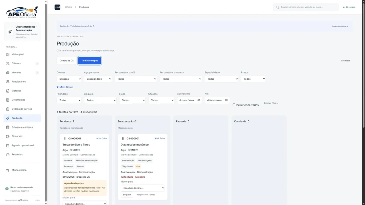 Captura real da produção no APE Oficina, com dados de demonstração