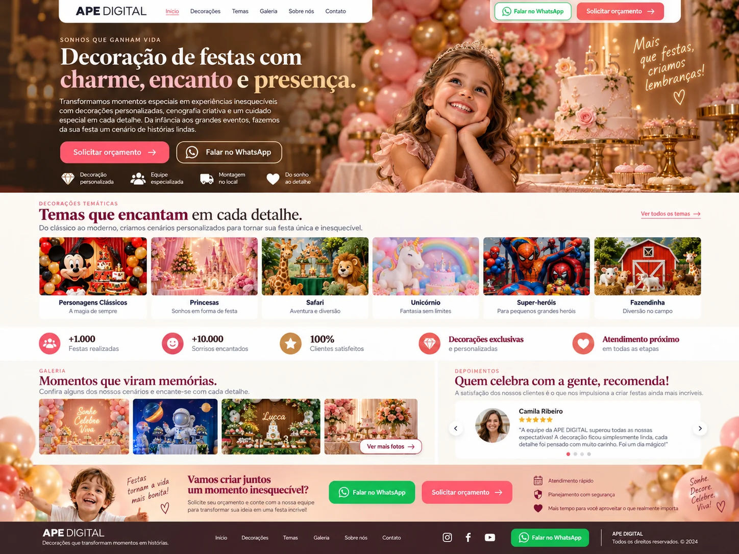 Conceito demonstrativo de site para decoração de festas