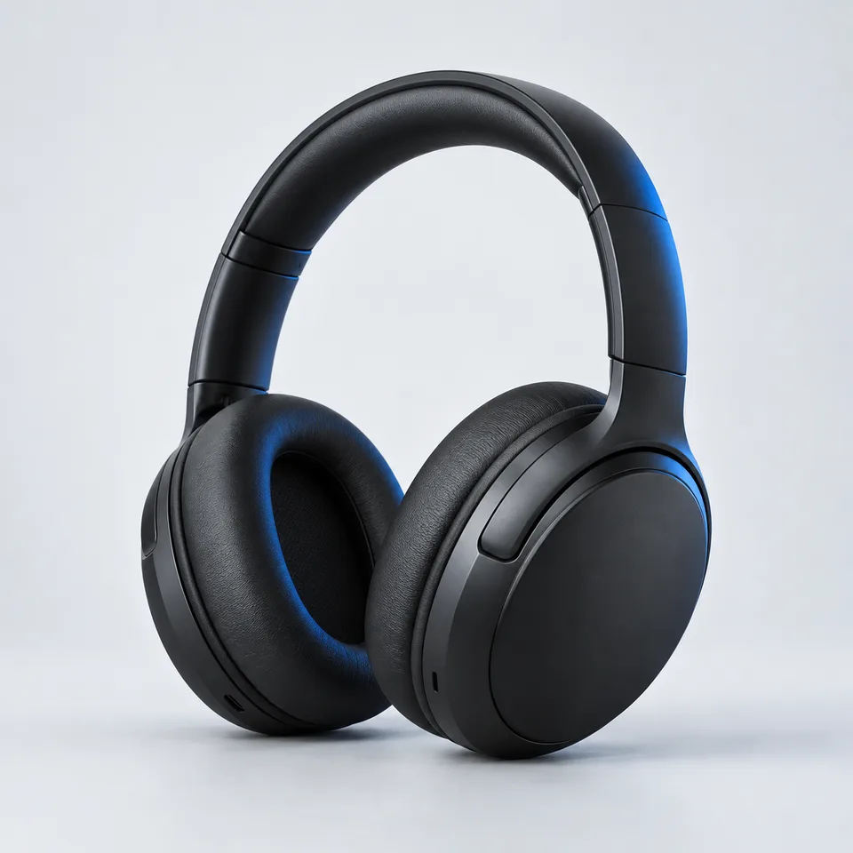 Headphone preto demonstrativo em fundo claro