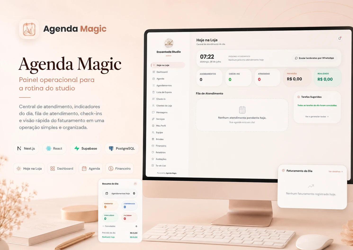 Painel Hoje na Loja do Agenda Magic com indicadores do dia e fila de atendimento.