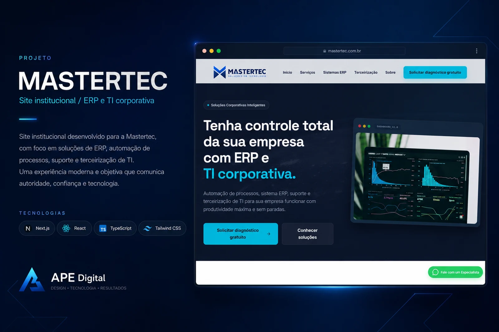 Capa do case Mastertec com a home do site institucional de ERP e TI corporativa.