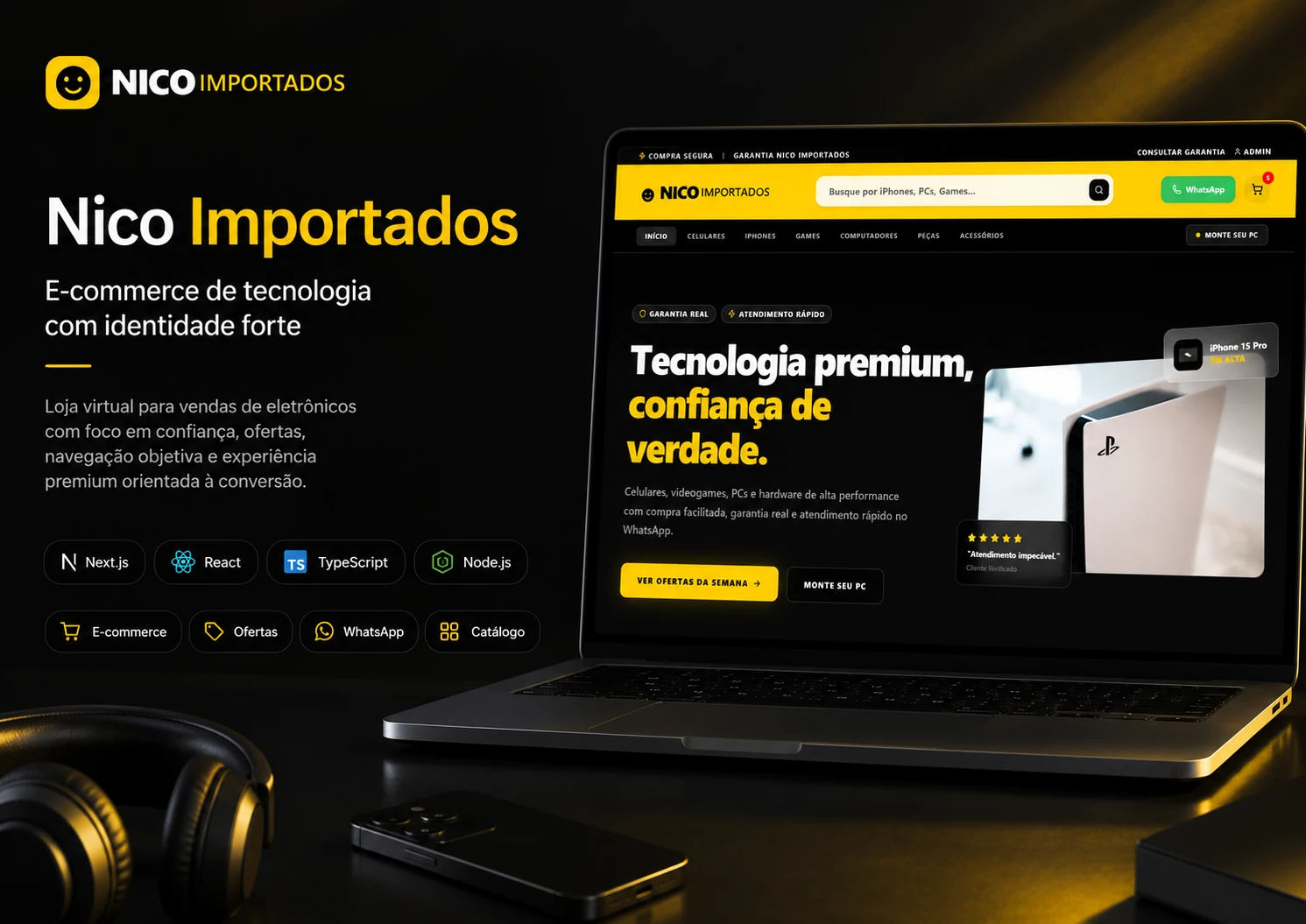 Capa do case Nico Importados com a home da loja de eletrônicos aberta em um notebook.