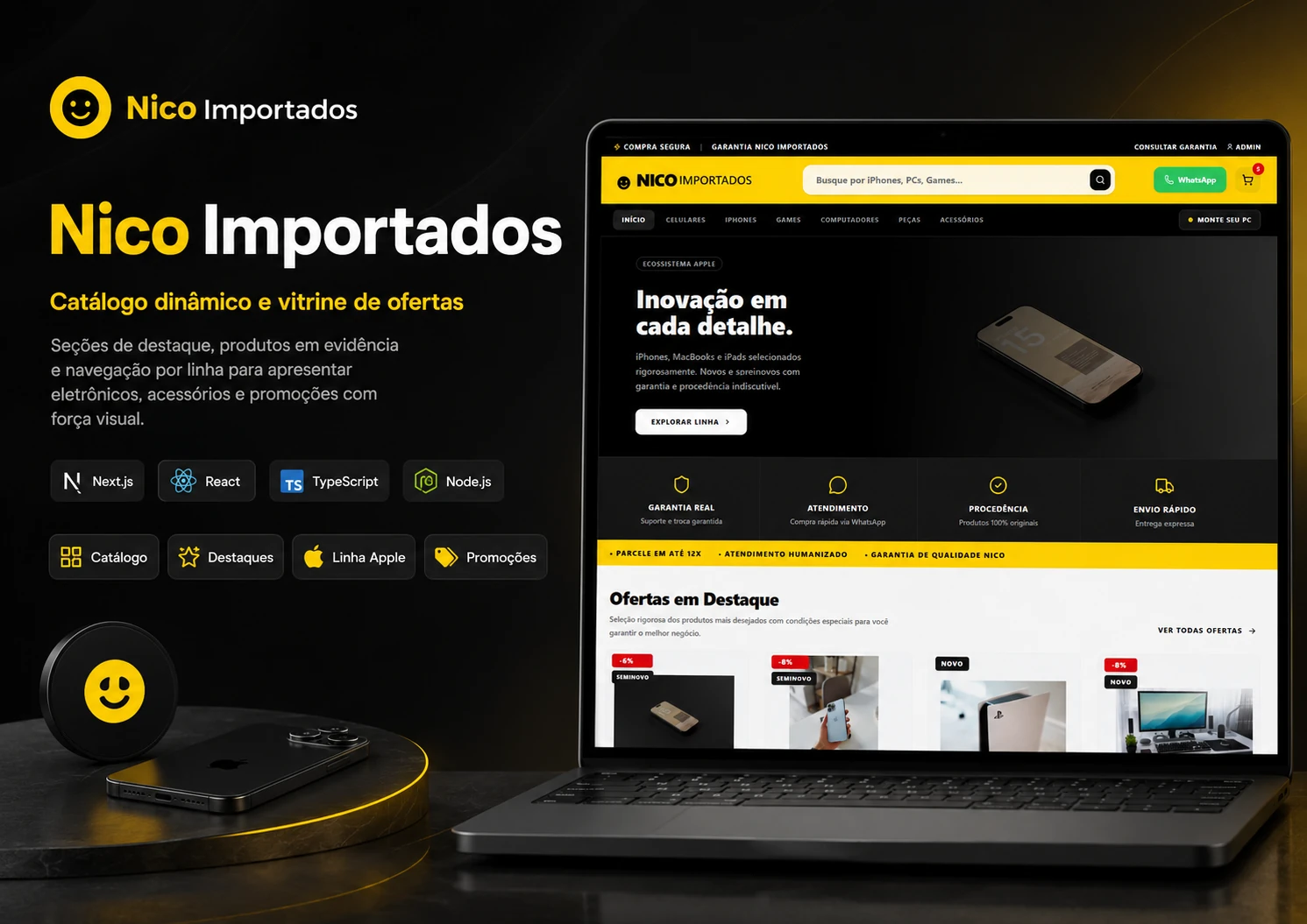 Vitrine de ofertas da Nico Importados com destaques e navegação por categoria.