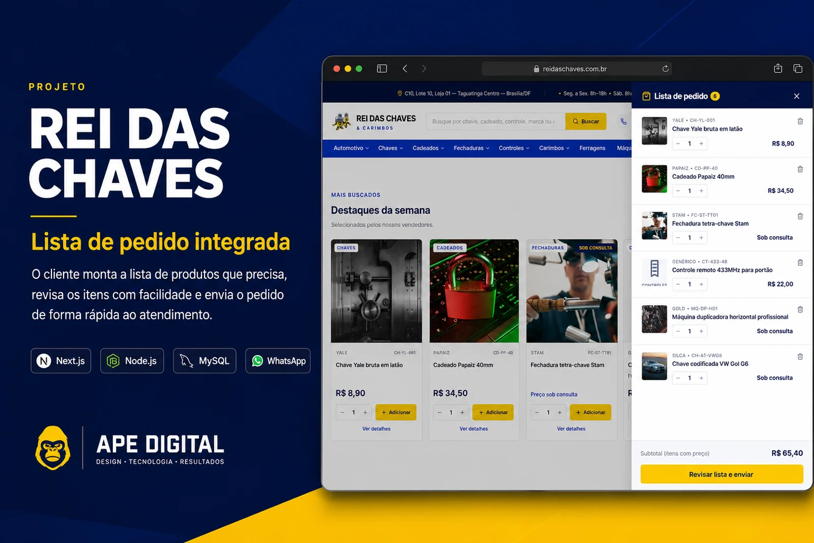 Lista de pedido da Rei das Chaves com itens, quantidades e subtotal.