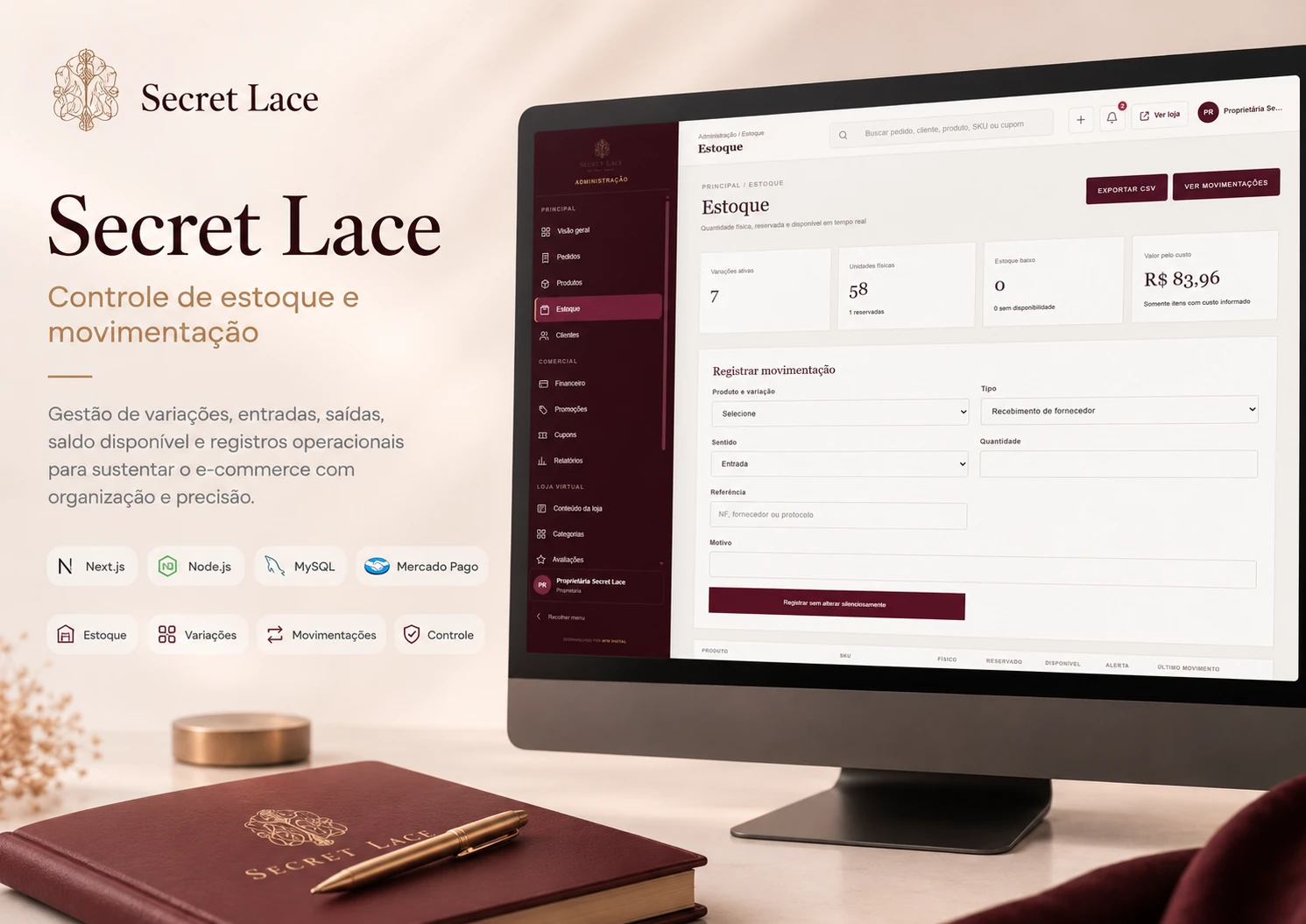Tela de estoque da Secret Lace com registro de movimentação e saldo por variação.